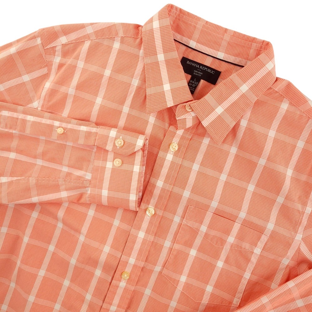 Banana Republic‎ Dress Shirt Mens 16.5 34/35 Orange Plaid Slim Fit Non Iron